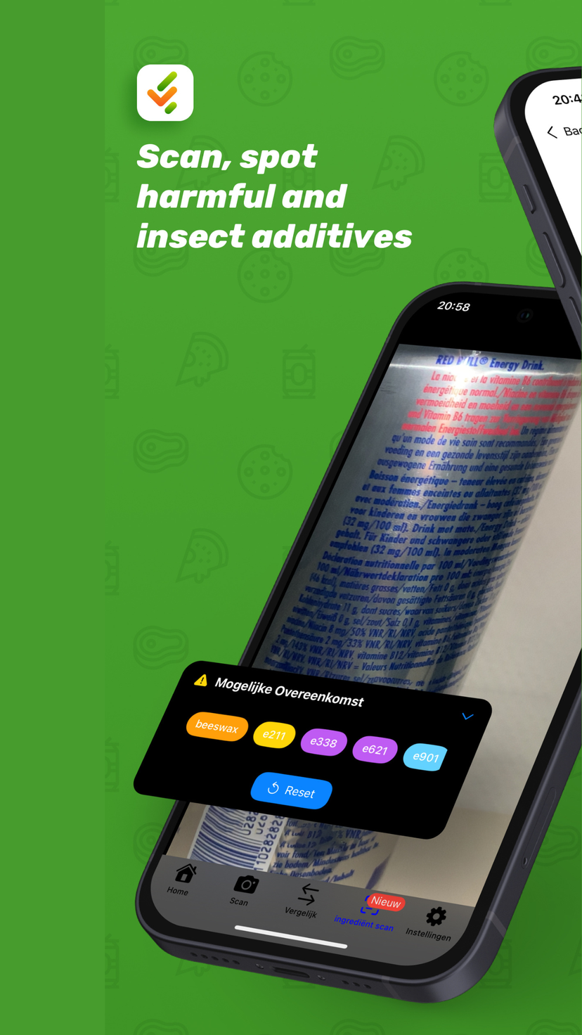 FoodCheckr scanning a printed ingredient label with the camera and flagging beeswax, E211, E338, E621 and E901