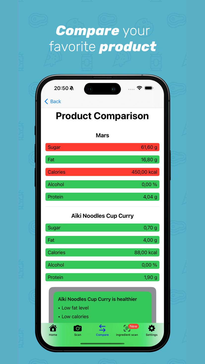 FoodCheckr side by side product comparison showing sugar, fat, calories, alcohol and protein with a healthier verdict