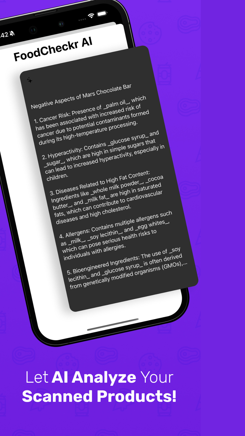 FoodCheckr AI report listing negative aspects of a chocolate bar including cancer risk, hyperactivity, high fat content, allergens and bioengineered ingredients